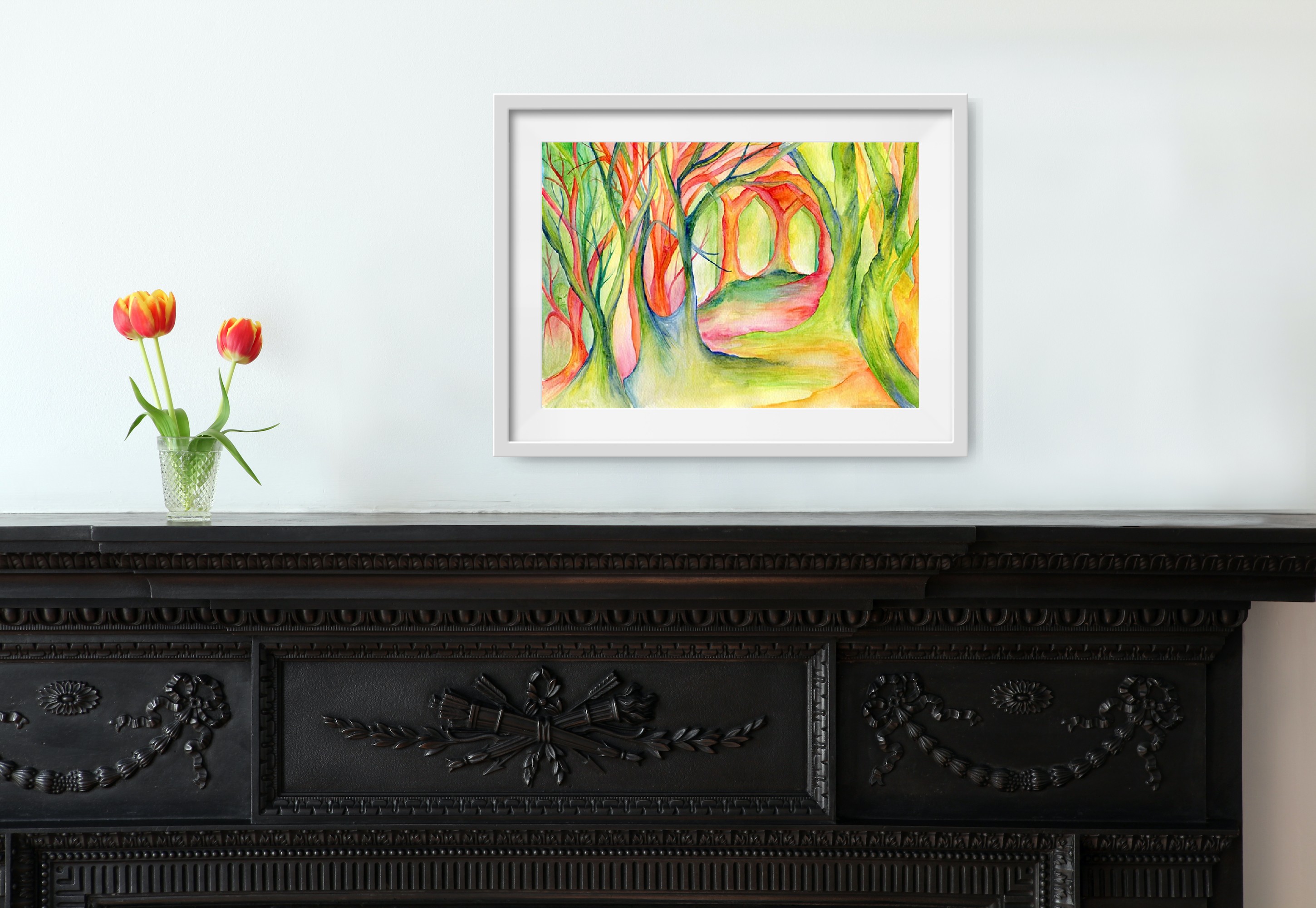 woodland watercolour with arches and architecture