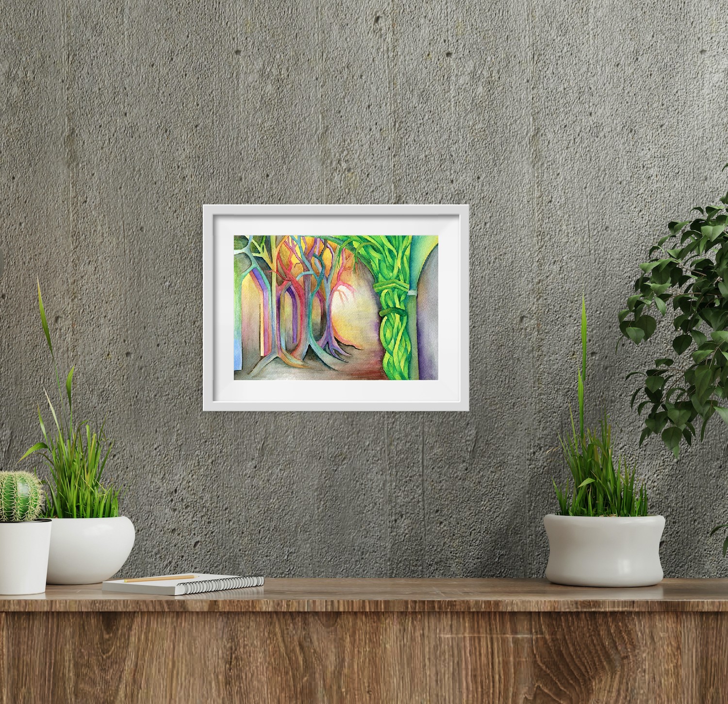 watercolour painting of trees and arches