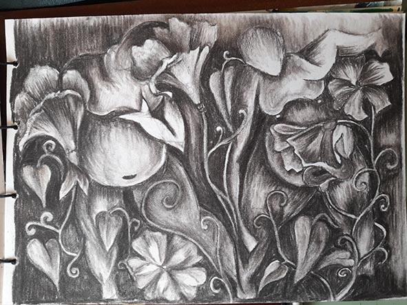 Drawing of figures and flowers