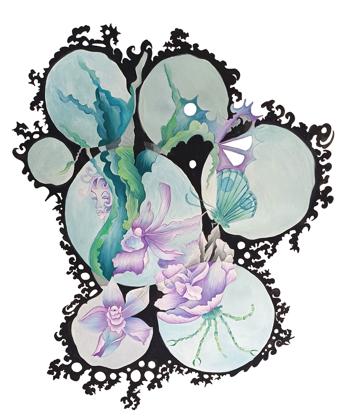 gouache painting of cells and nature by artist claire harrison
